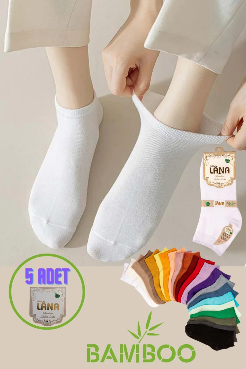 Miss Lana Women's Quality Bamboo Booties Socks (5 Pieces / Pair) Seamless Perfumed Short Model Delicate Women's Socks