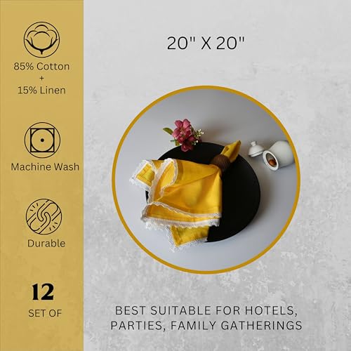 FINGERCRAFT Table Napkins Set of 12 Cotton Linen Blend 20x20 Inches Excellent Absorbency Washable and Reusable, Durable Dinner Napkin for Kitchen, Hotels, Party (Yellow, 20"x20") - Image 5