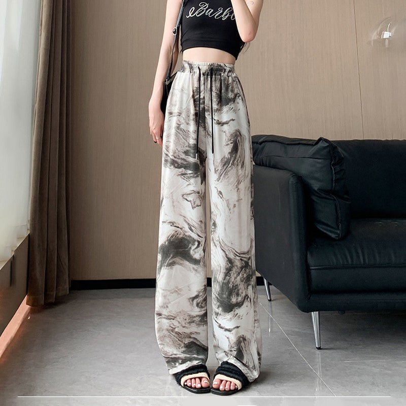 Spring and Summer Ink Tie-Dye Wide Leg Pants Womens Casual Leopard Ice Silk Ethnic Style Loose Ice Silk Pants Casual Pants landscape painting