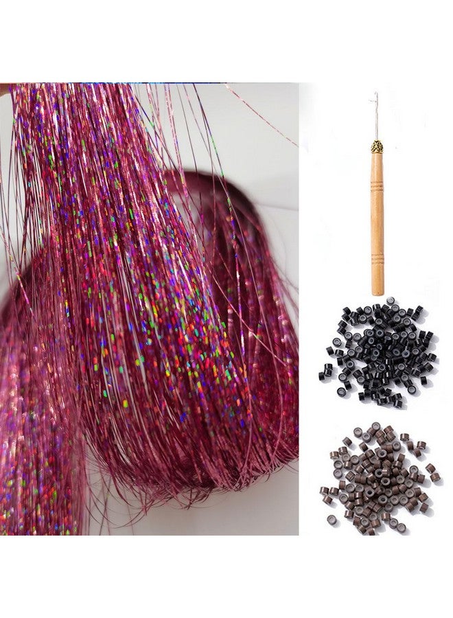 Peiyulex Tinsel 47 Inch 1000 Strands With Tools, Fairy Hair Tinsel Heat Resistant For Children Girls Women, Hair Glitter Tinsel Hair Extensions For Christmas New Year Party (Pink) - Image 1
