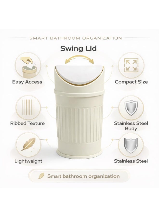 Primanova Stainless Steel Trash Bin Swing Lid Compact Round Garbage Waste Bin for Bathroom Kitchen Bedroom Office 12 Liters (Beige) - Image 5