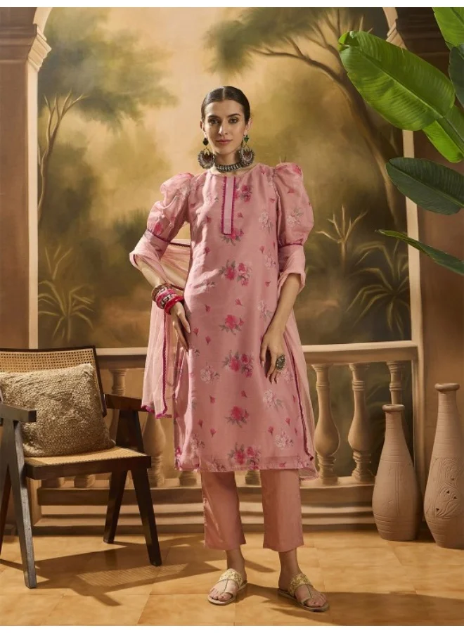 AKS Blush Pink Floral Chanderi Kurta Set With Dupatta