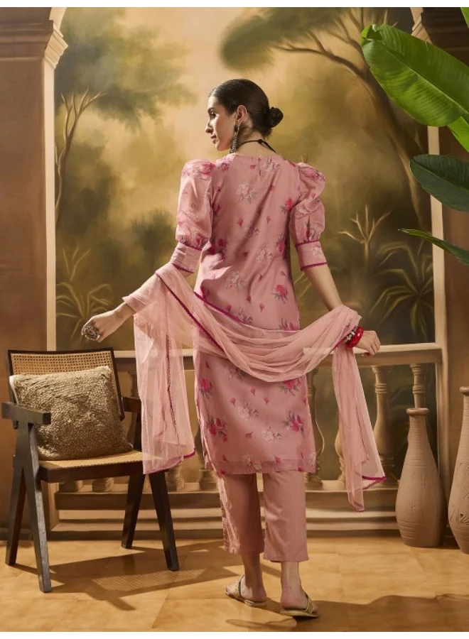 أيه كيه إس Blush Pink Floral Chanderi Kurta Set With Dupatta