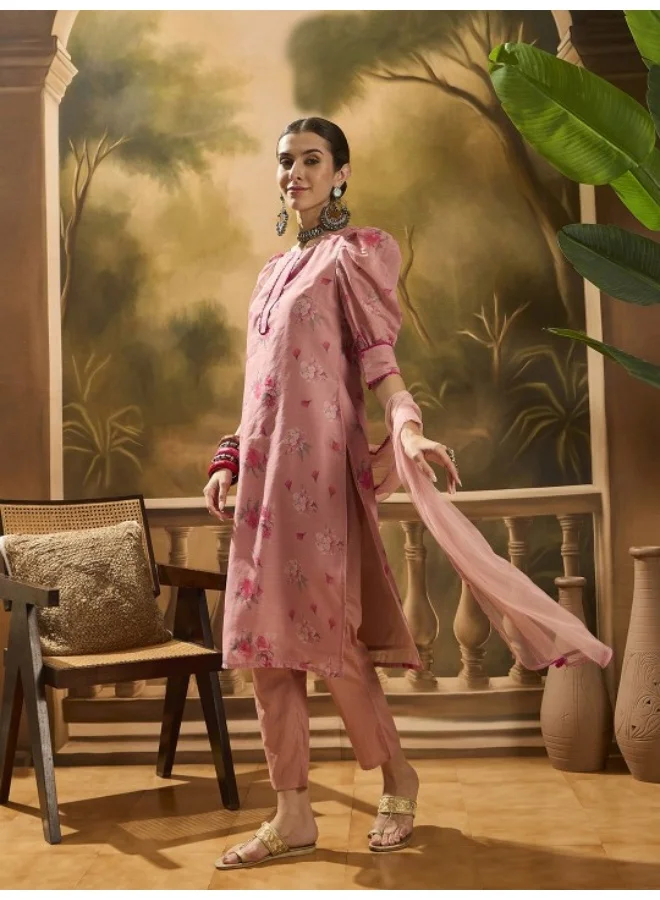 أيه كيه إس Blush Pink Floral Chanderi Kurta Set With Dupatta