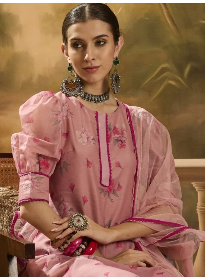 AKS Blush Pink Floral Chanderi Kurta Set With Dupatta