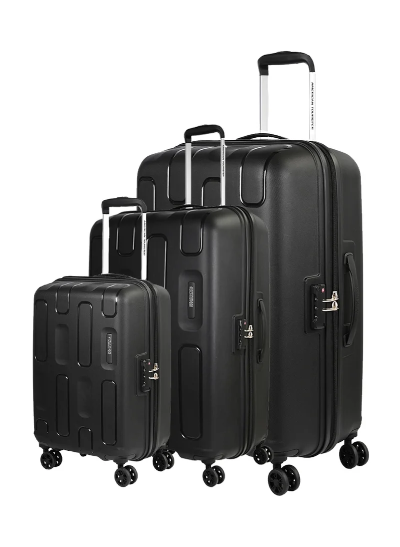 American Tourister Ellipso Suitcase, Set of 3, Cabin, Medium & Large (55 + 68 + 79 cm), 4 Spinner Wheels, Hard Top, Polypropylene, Black|Lightweight|Scratch Resistant Texture|Shoe & Laundry Bag|TSA Lock - 3 Years Global Warranty