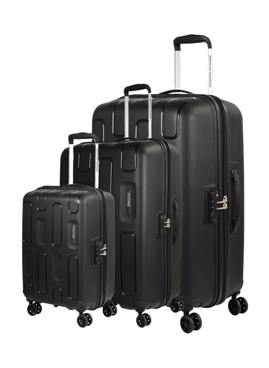 american tourister ellipso suitcase, set of 3, cabin, medium & large (55 + 68 + 79 cm), 4 spinner wheels, hard top, polypropylene, black|lightweight|scratch resistant texture|shoe & laundry bag|tsa lock - 3 years global warranty