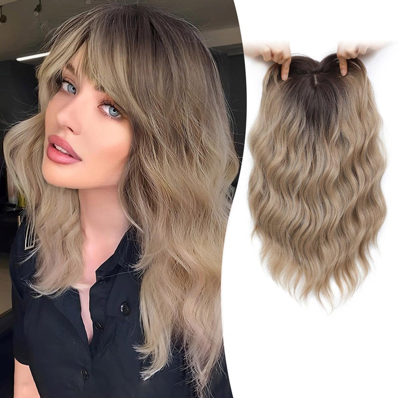 Molefi 7x7Inch Hair Toppers for Women with Thinning Hair Blonde Hair Topper with Bangs Dark Root 14inch Curly Hair Toppers for Women Synthetic Bob Style Short Hair Topper Hairpieces for Women
