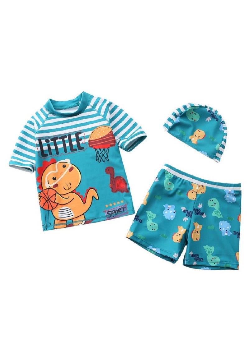 3-piece fashionable boy cartoon printed one piece swimsuit short sleeved sun protection children's water sports with hat 130-140cm