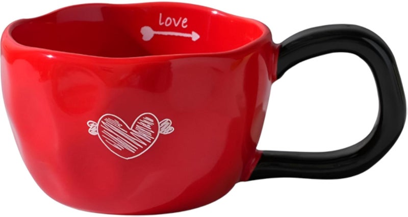 كوب شاي - كوب بورسلين مصمم بشكل جميل بنقشة قلب وكتابة "حب"، مثالي للشوكولاتة الساخنة أو الكابتشينو أو النسكافيه، سعة 350 مل للحظات دافئة (أحمر)