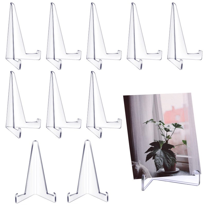 Bucherry 10 Pack Acrylic Easel Stand for Display Mini Plastic Plate Holder for Pictures Photo Frames Coins Cards Collection Small Display Easels for Table Desktop Home Office Decor(Clear)
