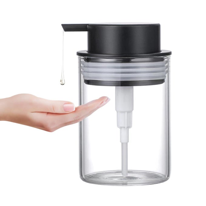 GLASS DISH SOAP DISPENSER 10 OZ CLEAR HAND LIQUID BOTTLES WITH RUST PROOF PLASTIC PUMP REFILLABLE ROUND LOTION DISPENSING FOR KITCHEN SINK BATHROOM COUNTER