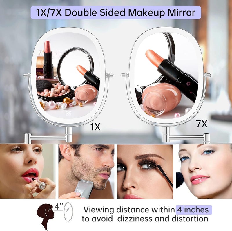 FUNTOUCH Wall-Mounted Makeup Vanity Mirror, Double Sided 1X/7X Magnifying Mirror, Built-in 2000 mAh Battery Chargeable, Free Extension Foldable Arm, 3 Lighting Option Dimmable Oval Frame Bathroom Makeup Mirror - Image 3