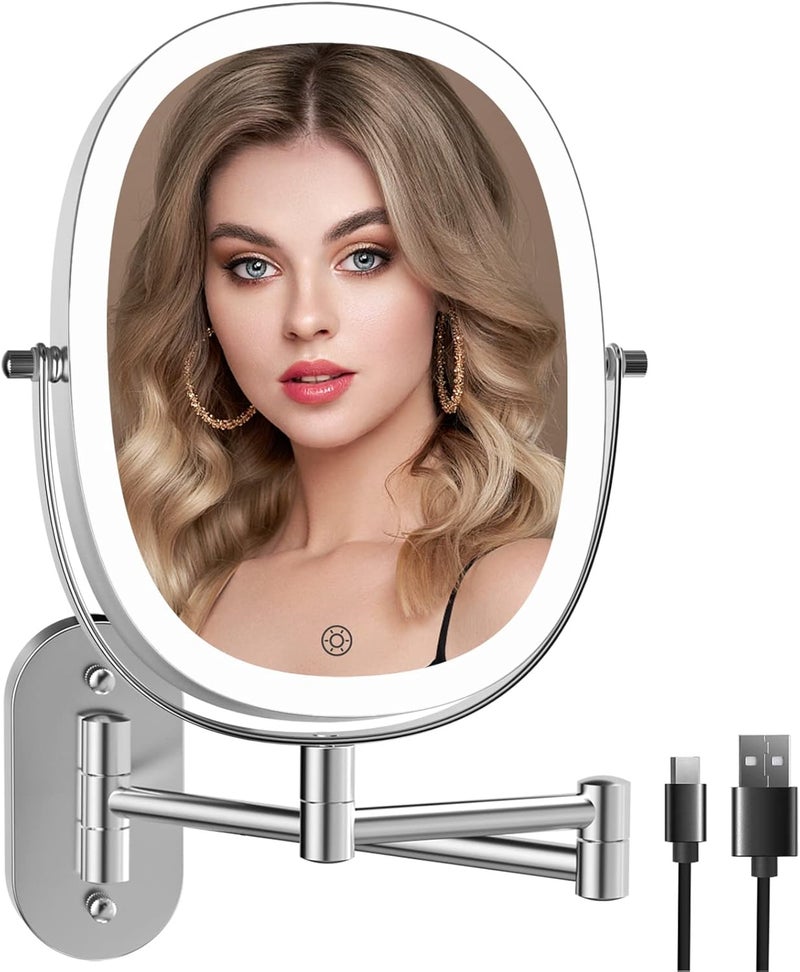 FUNTOUCH Wall-Mounted Makeup Vanity Mirror, Double Sided 1X/7X Magnifying Mirror, Built-in 2000 mAh Battery Chargeable, Free Extension Foldable Arm, 3 Lighting Option Dimmable Oval Frame Bathroom Makeup Mirror - Image 1