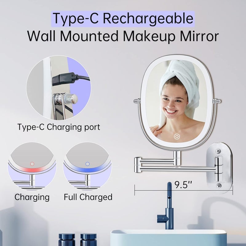 FUNTOUCH Wall-Mounted Makeup Vanity Mirror, Double Sided 1X/7X Magnifying Mirror, Built-in 2000 mAh Battery Chargeable, Free Extension Foldable Arm, 3 Lighting Option Dimmable Oval Frame Bathroom Makeup Mirror - Image 4