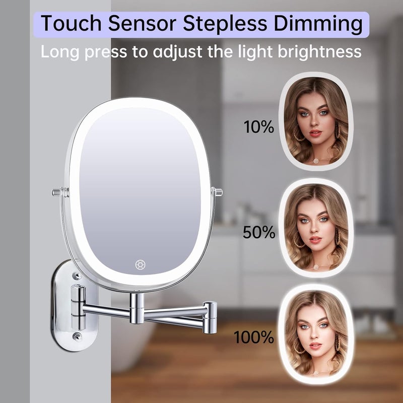 FUNTOUCH Wall-Mounted Makeup Vanity Mirror, Double Sided 1X/7X Magnifying Mirror, Built-in 2000 mAh Battery Chargeable, Free Extension Foldable Arm, 3 Lighting Option Dimmable Oval Frame Bathroom Makeup Mirror - Image 5