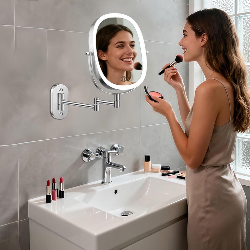 FUNTOUCH Wall-Mounted Makeup Vanity Mirror, Double Sided 1X/7X Magnifying Mirror, Built-in 2000 mAh Battery Chargeable, Free Extension Foldable Arm, 3 Lighting Option Dimmable Oval Frame Bathroom Makeup Mirror - Image 2