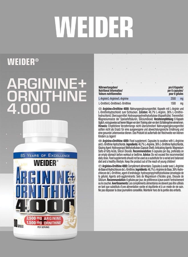 Weider Arginine Plus Ornithine 4.000 Powerful Amino Acid Complex for Oxide Production And Muscle Recovery - 180 Capsules - Image 4