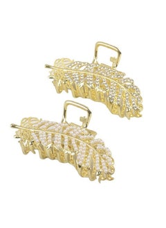 Suoirblss 2Pcs Girls Women Medium Rhinestone Leaf Hair Claw Hair Clip Hairpins Imitation Pearl Feather Styl Hair Barrettes Hair Accessory  - Image 1