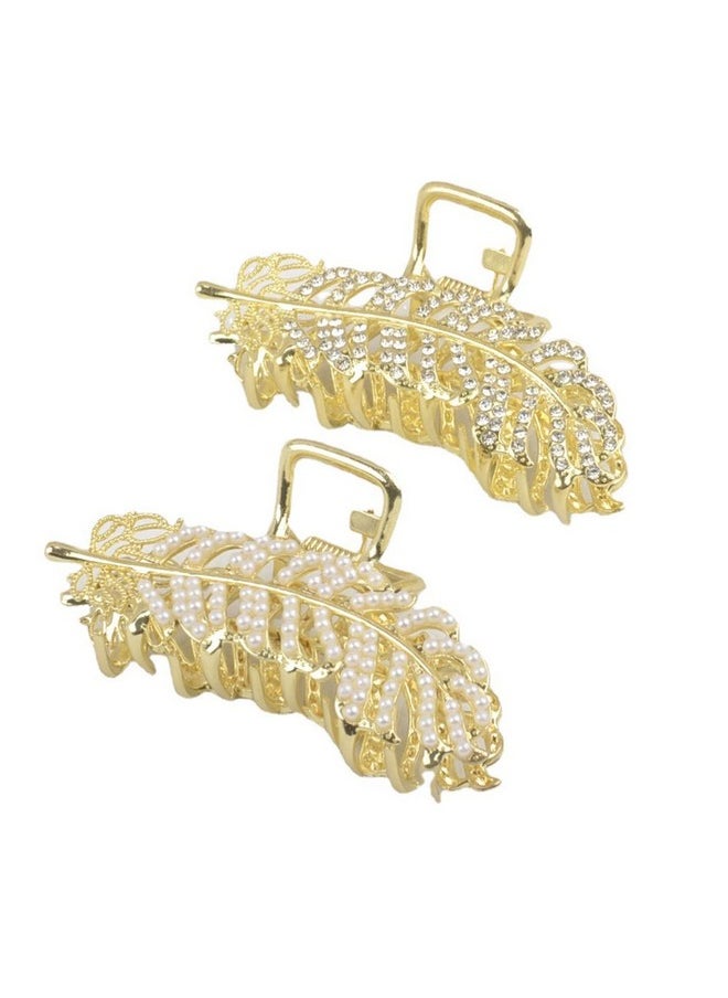 Suoirblss 2Pcs Girls Women Medium Rhinestone Leaf Hair Claw Hair Clip Hairpins Imitation Pearl Feather Styl Hair Barrettes Hair Accessory  - Image 1