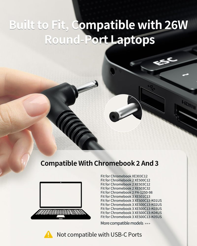 Superer Charger Fit for Samsung Chromebook Laptop, Chromebook 3 2 (UL Listed AC Adapter), XE500C13,PA-1250-98,303C 500C 503C XE303C12 XE501C13 XE500C12 XE503C12 XE503C32, 26W 12V 2.2A Round Connector - Image 4