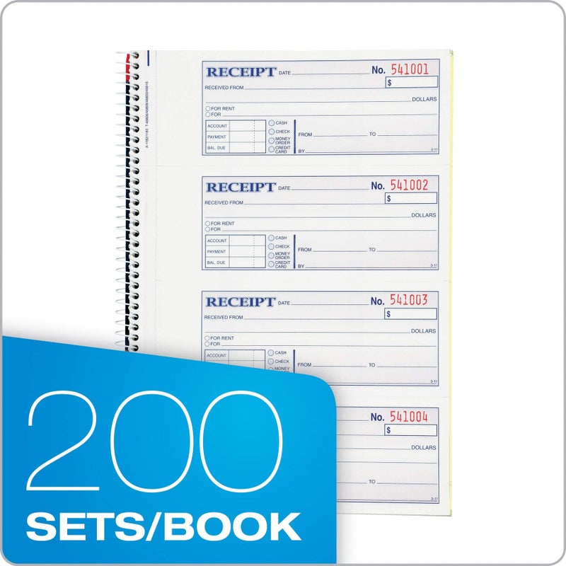 ADAMS دفتر إيصالات المال والإيجار من آدامز، 2 جزء بدون كربون، 7-5/8" × 11"، مجلد حلزوني، 200 مجموعة لكل دفتر، 4 إيصالات لكل صفحة (SC1182)، أبيض/كناري - Image 2