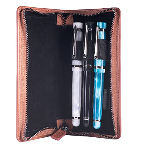 DiLoro Leather Zippered Triple or Quad Pen Case Pencil Pouch Holder for Three or Four Fountain Ballpoint Rollerball Pens or Glasses (Nappa Bugatti) - Image 4