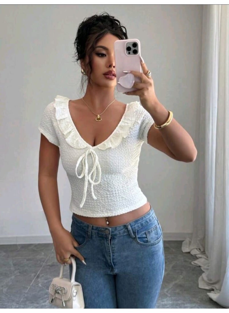 shein Women's Summer Fashion Ruffle Knotted Short Sleeve Textured Cropped crop top - Image 2