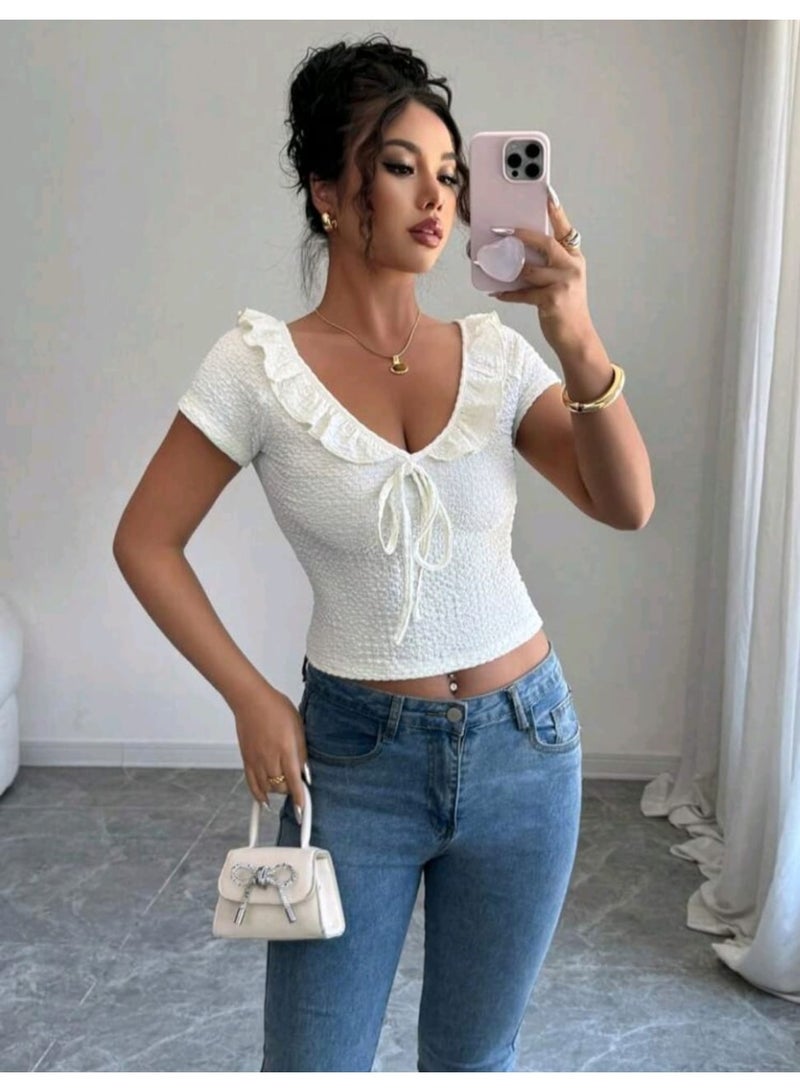 shein Women's Summer Fashion Ruffle Knotted Short Sleeve Textured Cropped crop top - Image 5