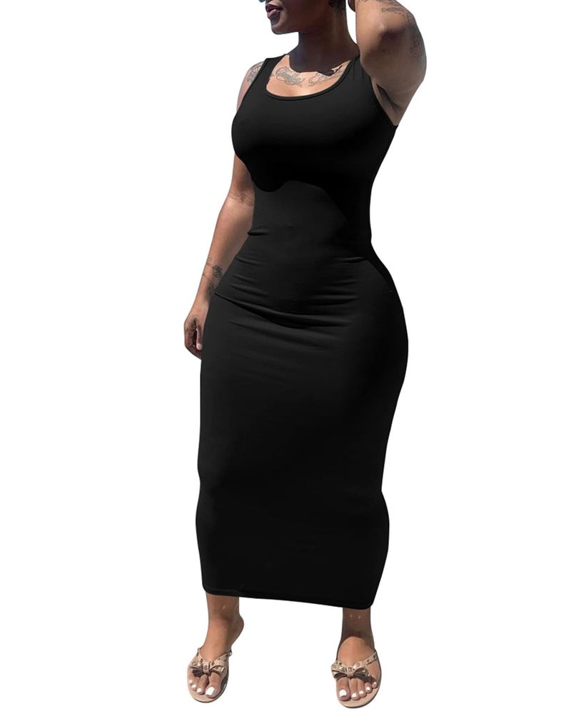 PINSV Women's Sexy Bodycon Tank Dress Basic Sleeveless Long Maxi Dresses Party Club Beach Sundresses Black L - Image 4