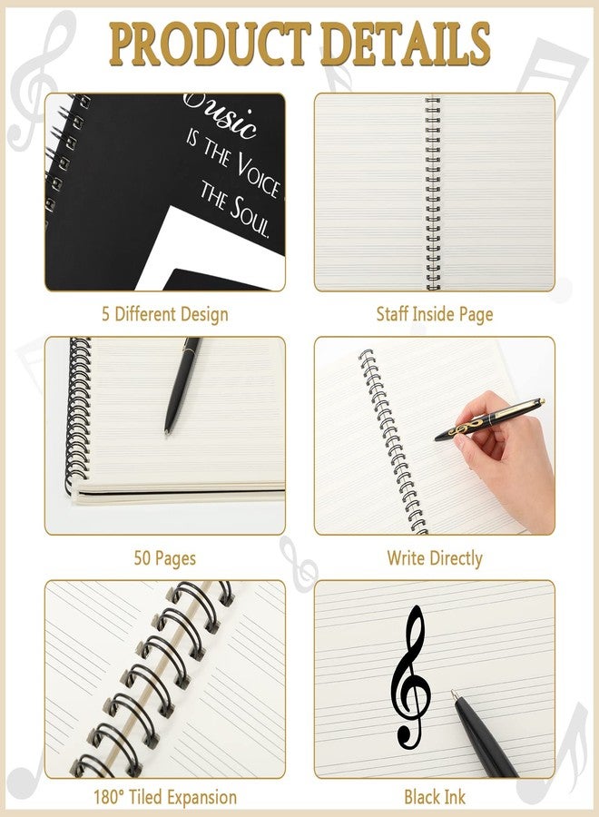 Fumete 10 Pcs Music Notebook Blank Sheets Paper Manuscript Books with 10 Pcs Songwriting Themed Ballpoint Pens Writing Composition Staff Accessories Gifts 12 Staves 50 Pages Per Notebook - Image 3