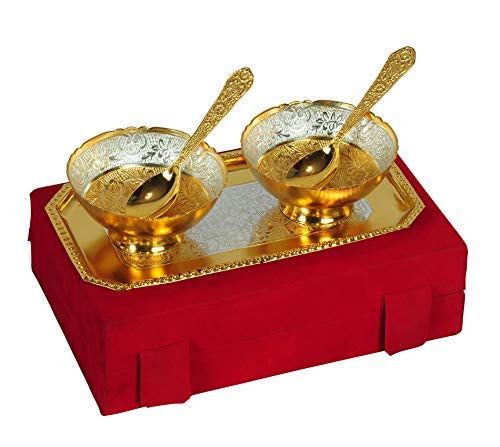 JAIPUR ACE JAIPUR ACE German Silver Gold Plated Bowls and Spoon with Tray Set Best for Anniversary Birthday Return Gift  - Image 1