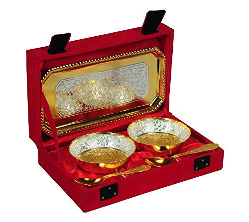 JAIPUR ACE JAIPUR ACE German Silver Gold Plated Bowls and Spoon with Tray Set Best for Anniversary Birthday Return Gift  - Image 2
