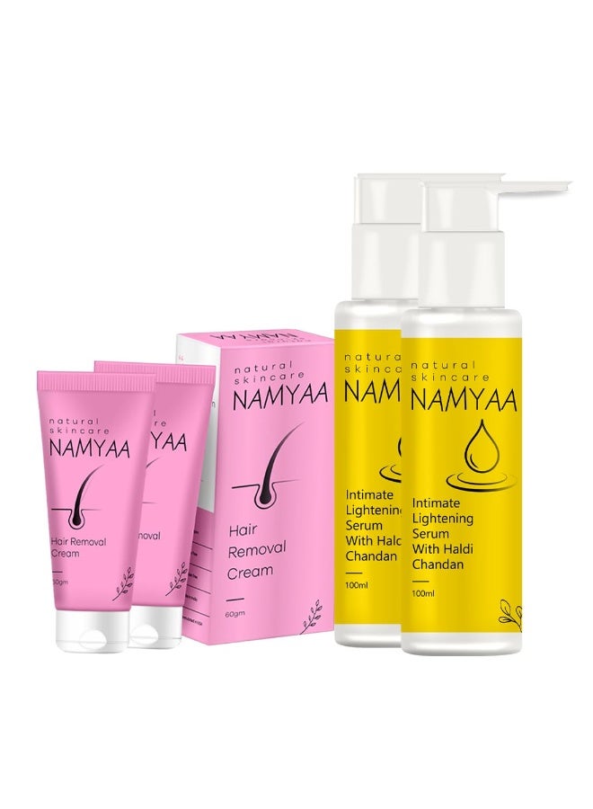 Namyaa Intimate Serum Combo  |Namyaa Hair Removal Cream 60gm (Pack Of 2)& Haldi Chandan Intimate Seurm 100ml (Pack Of 2) |For Women Intimate Area| - Image 1