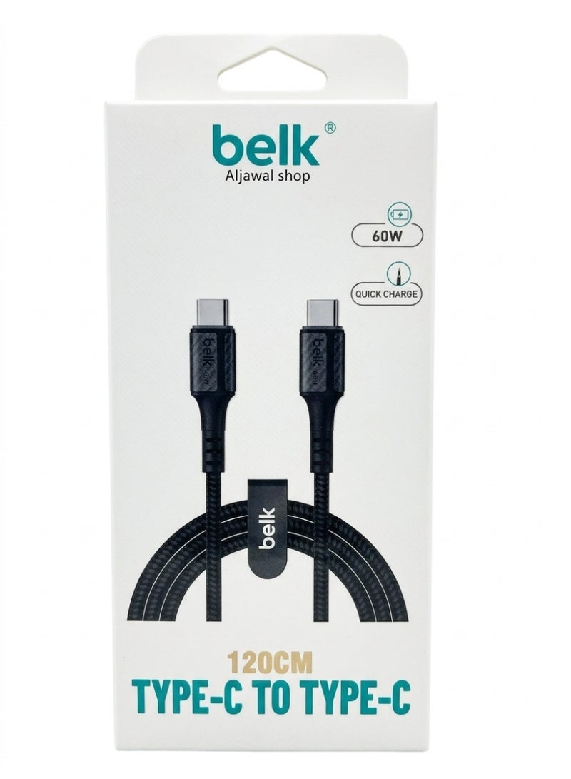 Belk USB Type C to USB Type C Fast Charging Cable, 60W 120 cm , Black - Image 1
