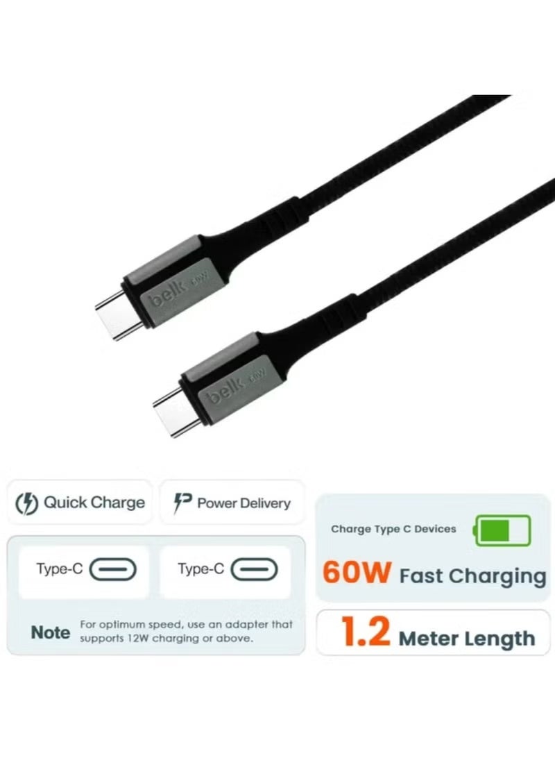 Belk USB Type C to USB Type C Fast Charging Cable, 60W 120 cm , Black - Image 3