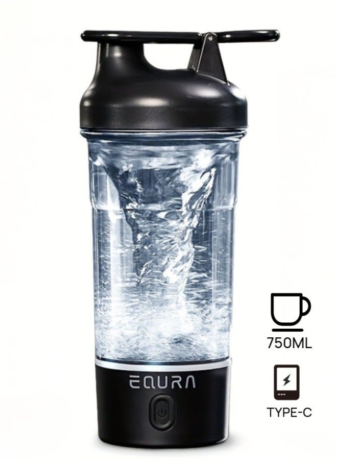 EQURA Premium Electric Protein Shaker water Bottle, gym bottle suitable for  sports & fitness,Made with Tritan - BPA Free - 25oz Vortex Portable Mixer Cup/USB TYPE-C Rechargeable Shaker Cup for  birthday gift for men, dads(black) - Image 1