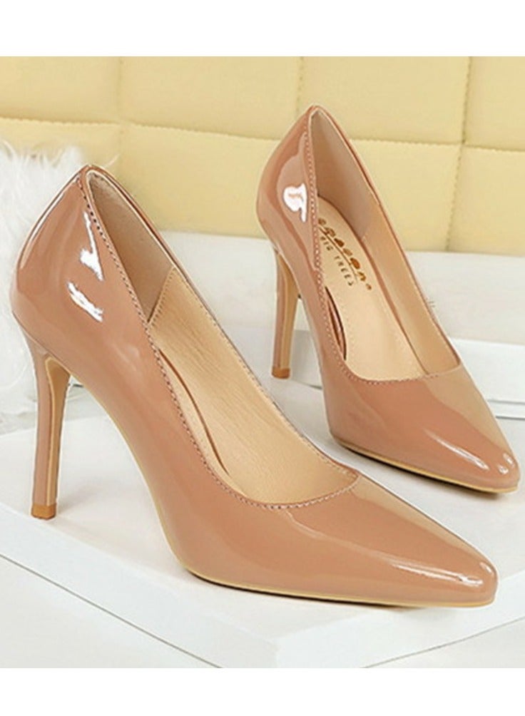 BIGTREE Women's Closed Pointed Toe High Heels Patent Leather Stiletto Pumps Beige 10CM - Image 2
