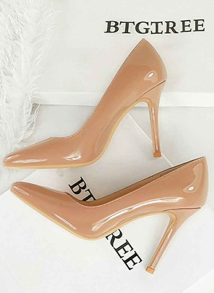 BIGTREE Women's Closed Pointed Toe High Heels Patent Leather Stiletto Pumps Beige 10CM - Image 3