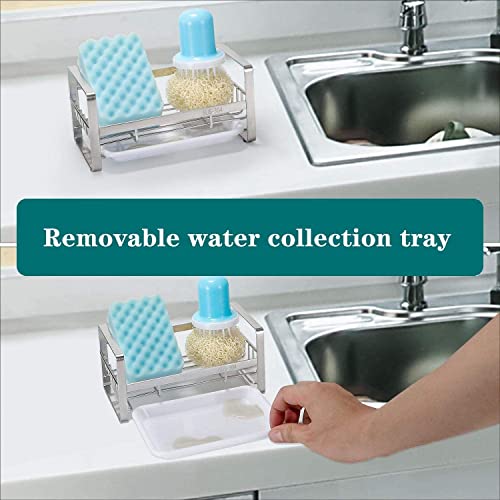 Xacton Sink Caddy Organizer Kitchen Sponge Holder I 304 Stainless Steel Soap Dispenser Brush Drainer Rack I Countertop or Adhesive Organiser for Dishes Knives Spoons Forks ((Silver) - Image 4