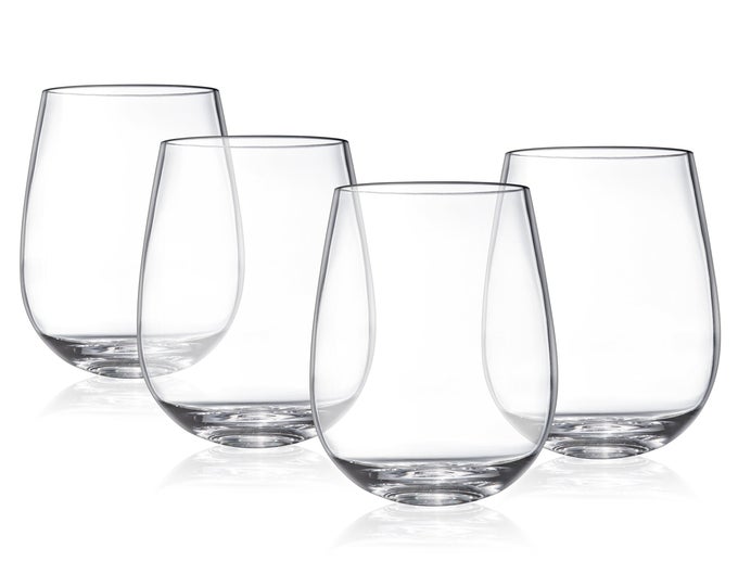 PREMIUM UNBREAKABLE STEMLESS WINE GLASSES SET BY SHATTERPROOF REUSABLE PLASTIC WINE CUPS LOOKS LIKE REAL GLASS 15OZ PERFECT FOR PARTIES ENTERTAINING GUESTS 4 PIECE SET
