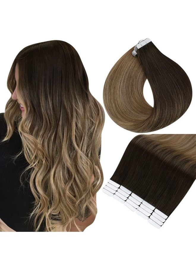 Full Shine Ombre Tape in Hair Extensions Human Hair 16 Inch Tape in Extensions Color 2/6/18 Color Darkest Brown Fading to Chestnut Brown and Ash Blonde Glue in Extensions Hair 20 Pcs 50 Grams Straight  - Image 1