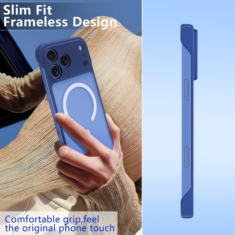 Omio Magnetic Slim Case for iPhone 17 Pro Max Compatible with MagSafe, Clear Matte Ultra-Thin Bumper Frameless Borderless Design with Finger Loop Full Camera Protection for Women Men, Deep Blue - Image 2