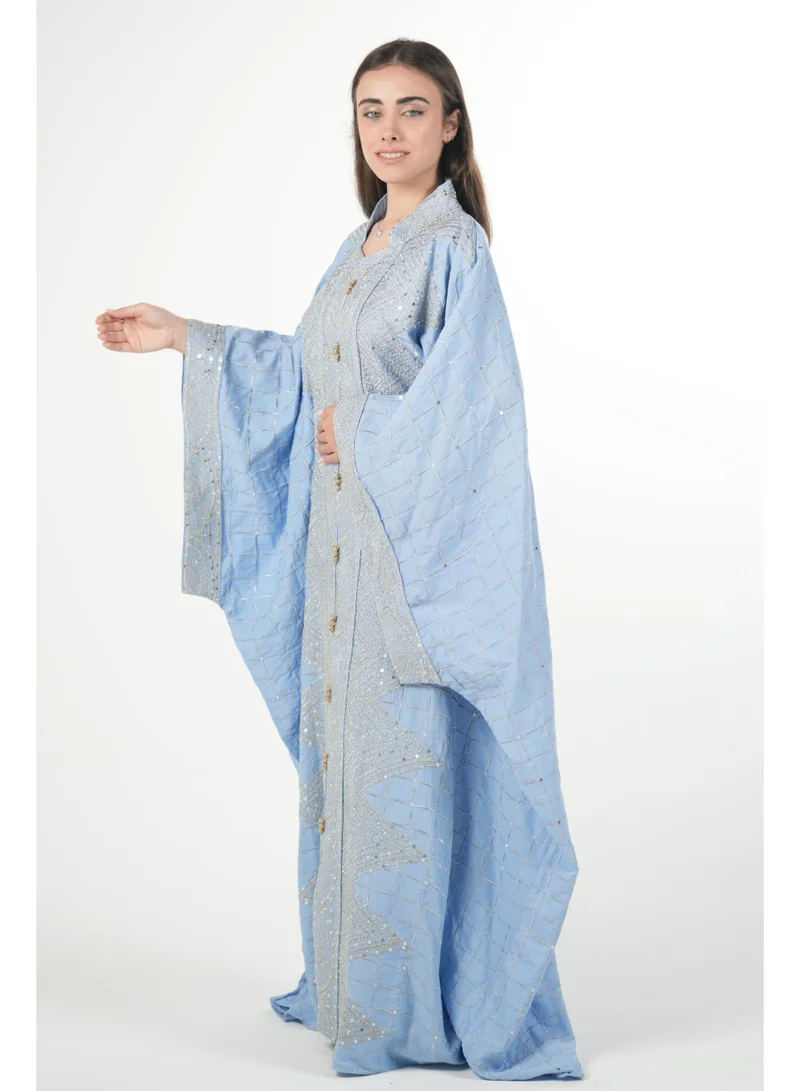 AL BENT AL SHARQIEH baby blue Free size women embroidered jalabiya dress with invisible belt for Women | Best Price UAE