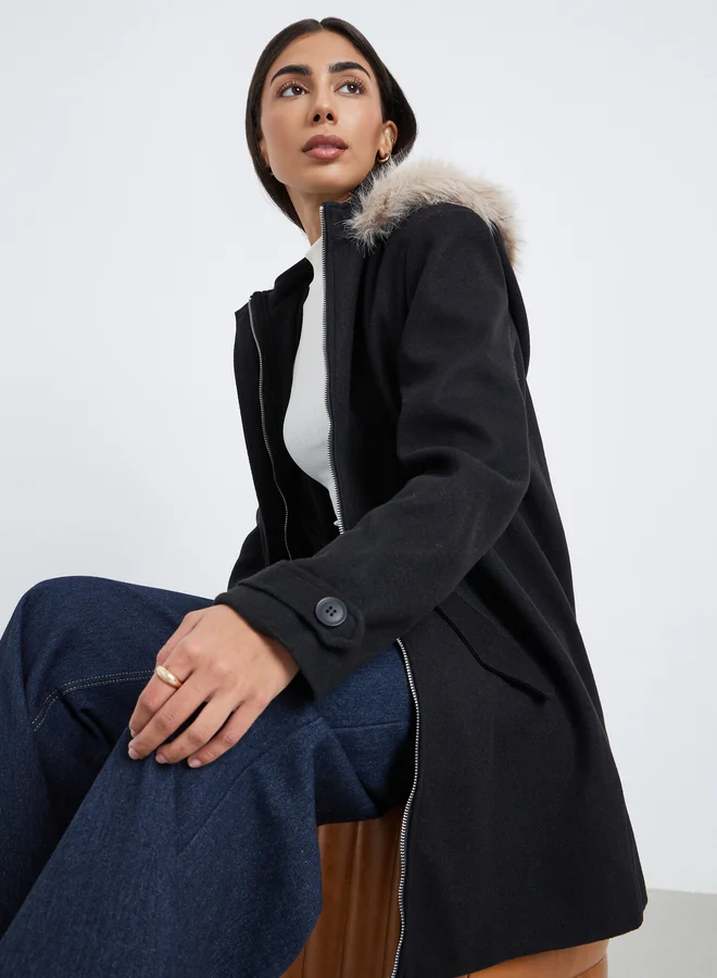 Styli Black Longline Wool Like Coat with Faux Fur Trim