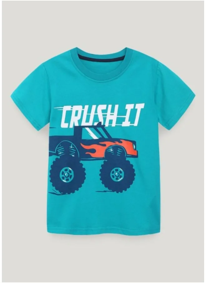 YUNIQEE Turquoise Blue Graphic Printed Round Neck Cotton T-shirt