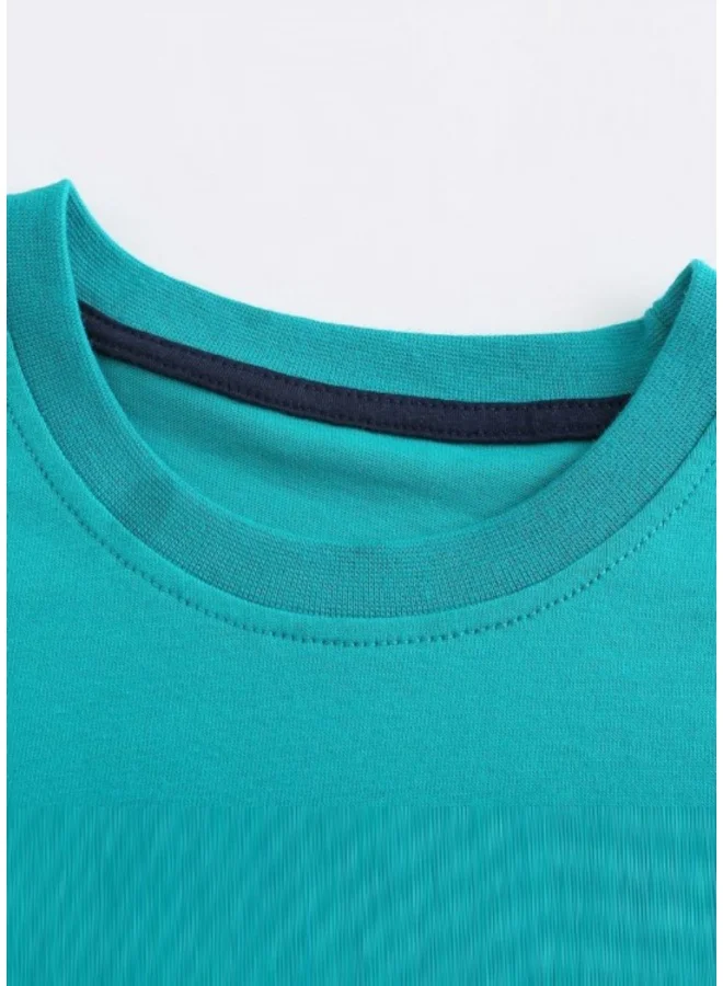 يونيكي Turquoise Blue Graphic Printed Round Neck Cotton T-shirt