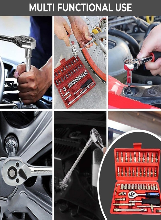 CYOFQD 46 Pcs 1/4 Inch Drive Socket Set with Ratchet Wrench, Screwdriver Bits and Spanner Set, Goti Pana Tool Kit for Car, Bike, Cycle Repair and Home DIY Use - Image 4