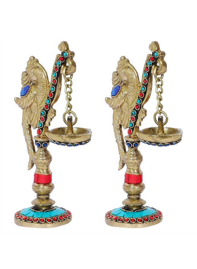 Two Moustaches Gemstone Work Peacock on Pillar Design Brass Diya Pair , Brass Diyas for Home/Temple , Diyas for Home Decor , Brass Oil Lamp ,Gifts for Housewarming , Multicolored, Standard, Pack of 2 - Image 4