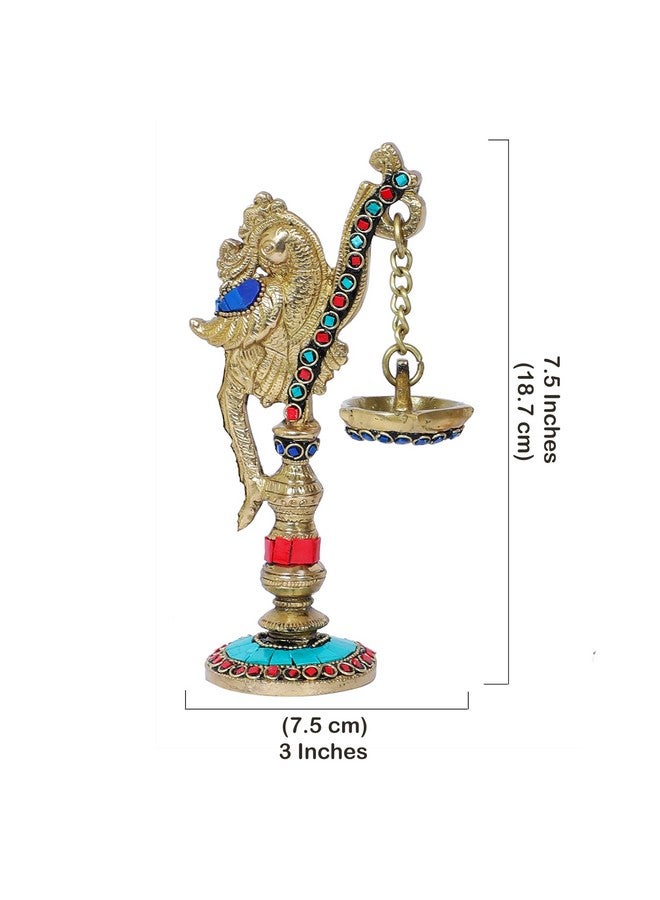 Two Moustaches Gemstone Work Peacock on Pillar Design Brass Diya Pair , Brass Diyas for Home/Temple , Diyas for Home Decor , Brass Oil Lamp ,Gifts for Housewarming , Multicolored, Standard, Pack of 2 - Image 5